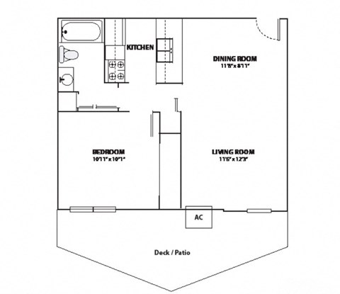 Floor plan for 1 bed, 1 bath, 702 sqft